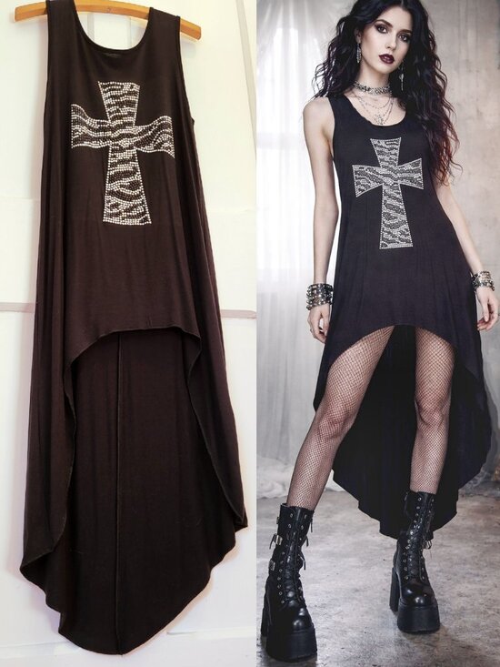 Twik Dresses & Skirts - Twik Vintage Black High Low Dress Rhinestone Cross Sleeveless Whimsygoth